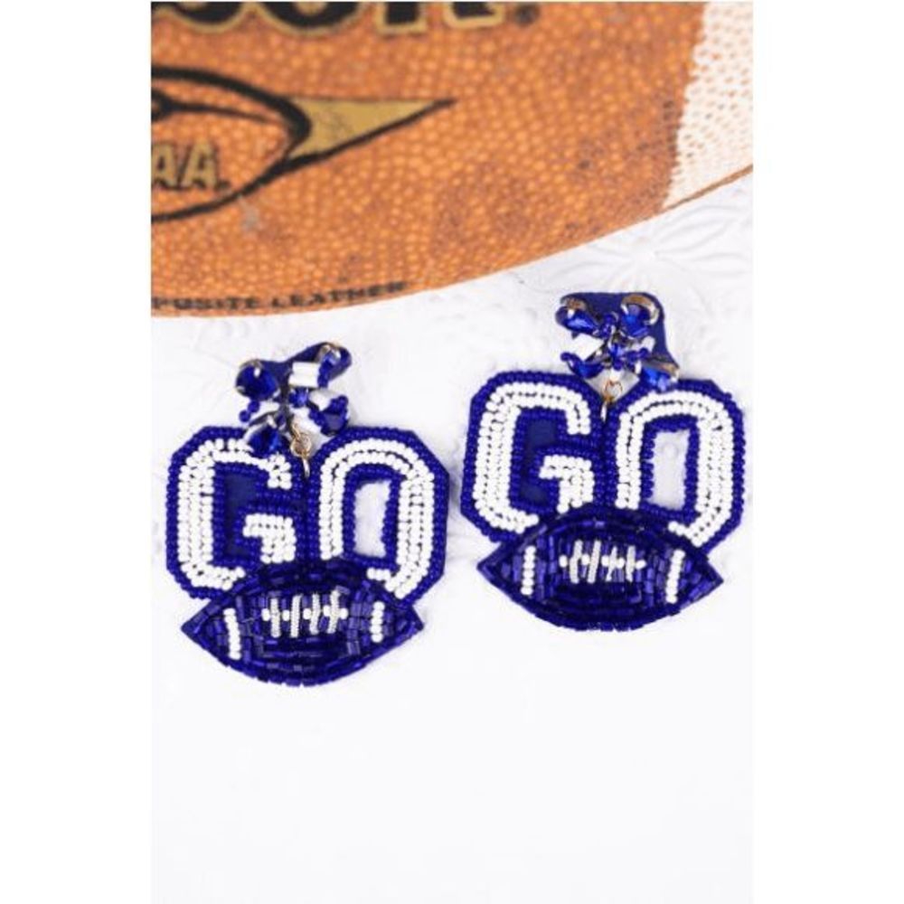 BEJEWELED BLUE AND WHITE FOOTBALL GAME DAY 'GO' SEED BEAD EARRINGS